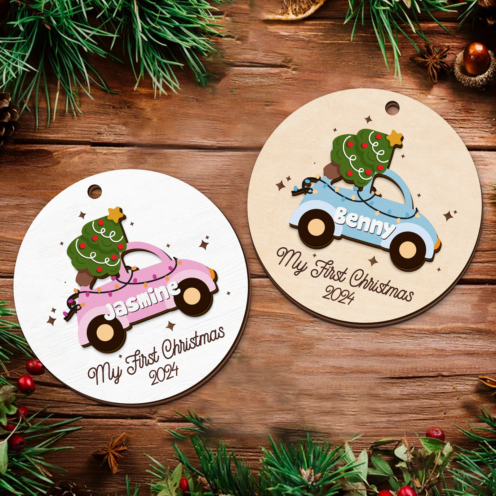 Personalized Christmas Car Baby Ornament, Wooden Baby First Christmas Ornament CF634 - 19Gifts