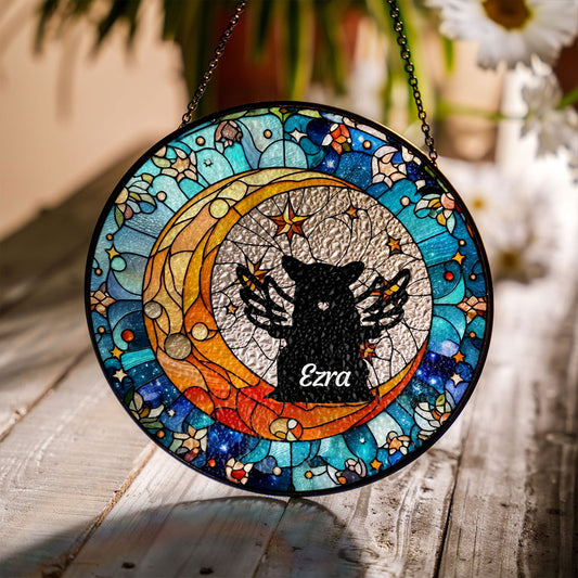 Personalized Dog On Moon Stained GLASS Sun Catcher, Black Dog Sun Catcher Ornament, Dog Lovers Gift SC122 - 19Gifts