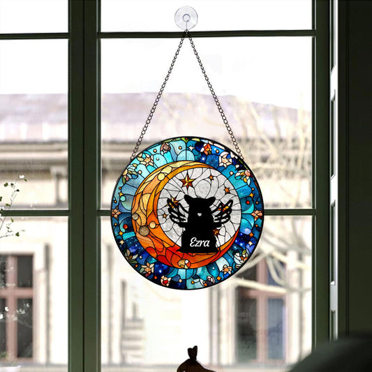 Personalized Dog On Moon Stained GLASS Sun Catcher, Black Dog Sun Catcher Ornament, Dog Lovers Gift SC122 - 19Gifts