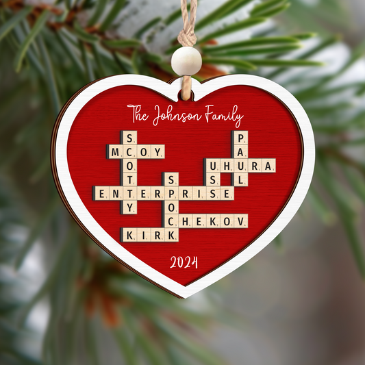Personalized Family Crossword Heart Ornament, Christmas 2-Layered Wooden Ornament, CF589 - 19Gifts