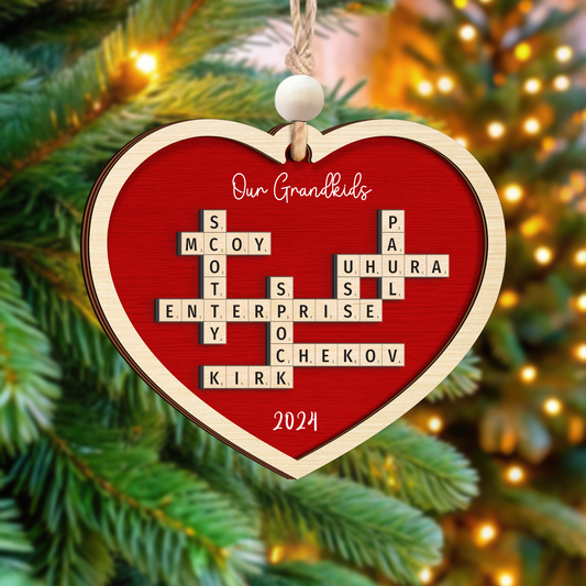 Personalized Family Crossword Heart Ornament, Christmas 2-Layered Wooden Ornament, CF589 - 19Gifts