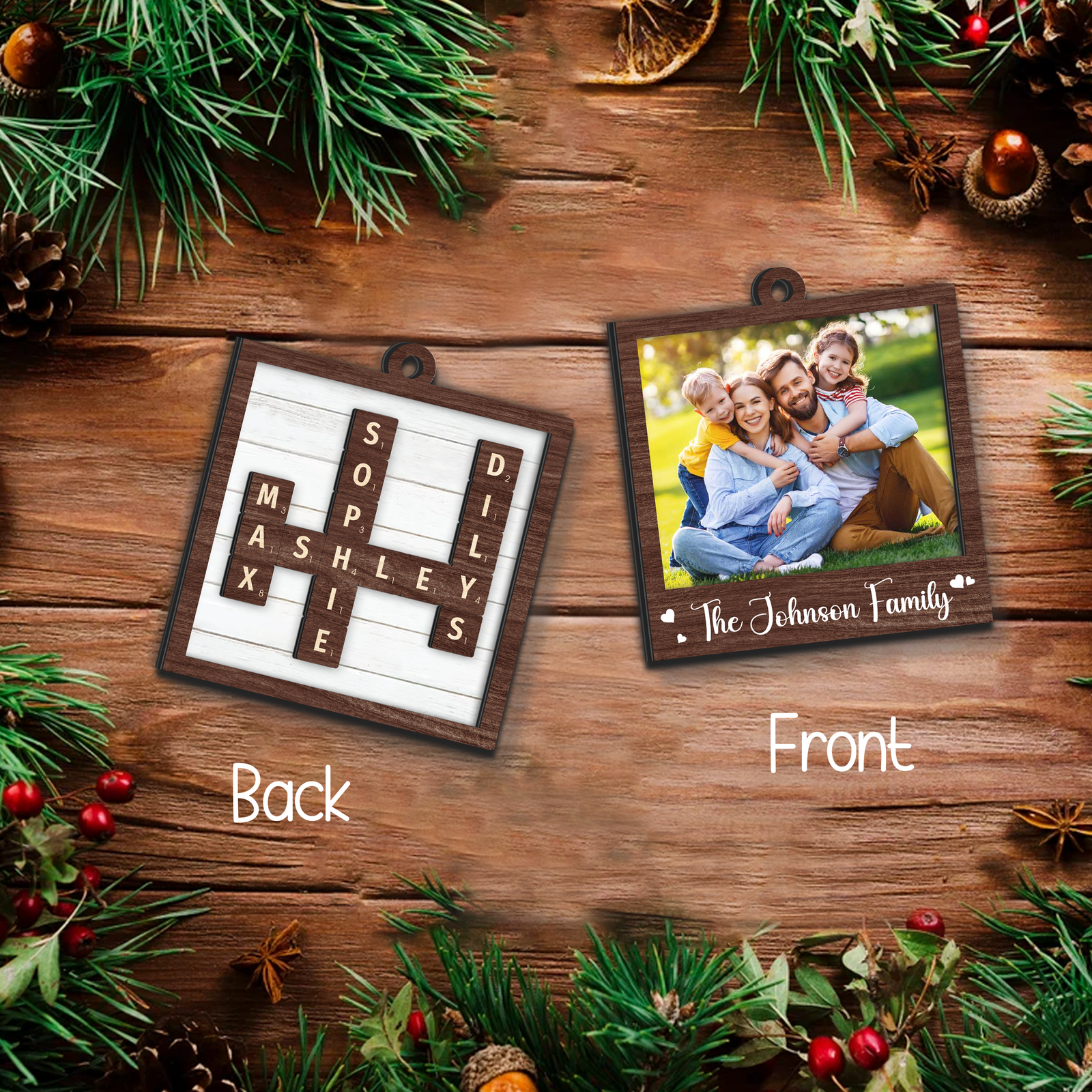 Personalized Family Crossword Puzzle Art Photo Inserted Double Sided Wooden Ornament CF533 - 19Gifts