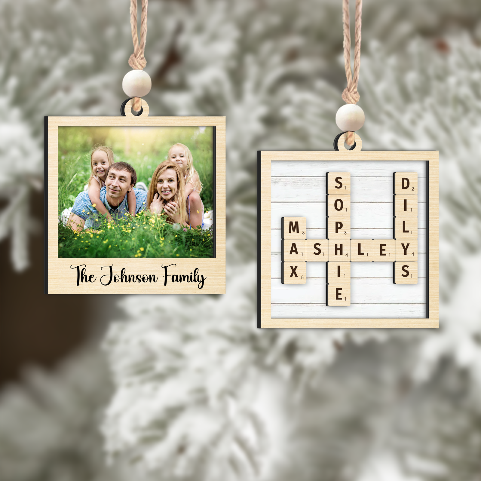 Personalized Family Crossword Puzzle Art Photo Inserted Double Sided Wooden Ornament CF533 - 19Gifts