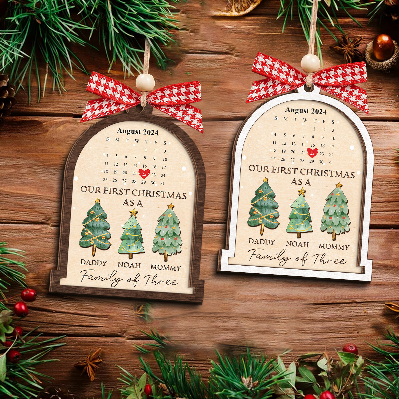 Personalized Family Of Three Christmas Ornament, Baby's First Christmas Ornament Wooden 2 Layers CF504 - 19Gifts