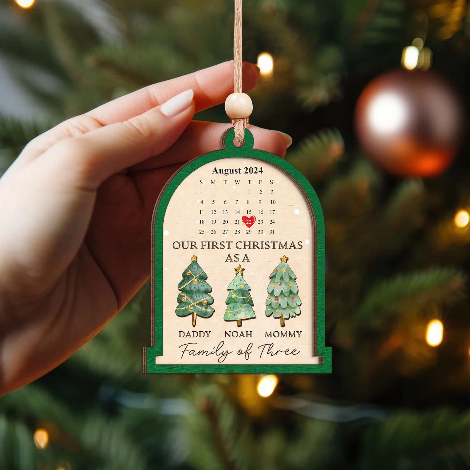 Personalized Family Of Three Christmas Ornament, Baby's First Christmas Ornament Wooden 2 Layers CF504 - 19Gifts