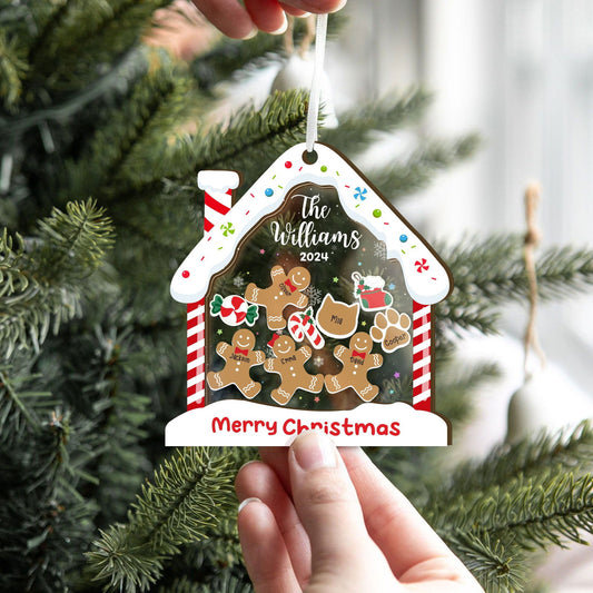 Personalized Family Ornaments With Pets, 2 Layers Shaker Ornament with Gingerbread Family and Pets CF119 - 19Gifts