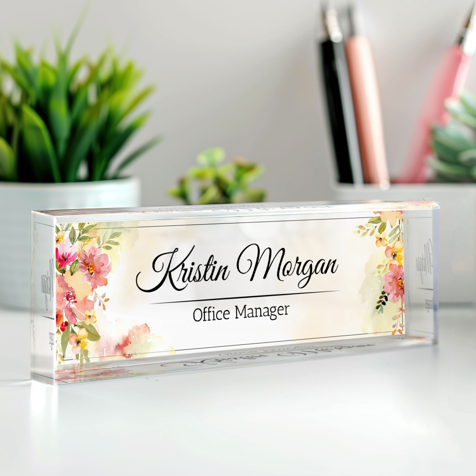 Personalized Floral Desk Name Plate, Plate Acrylic For Desk, Floral Desk Name Plate TD81-20 - 19Gifts