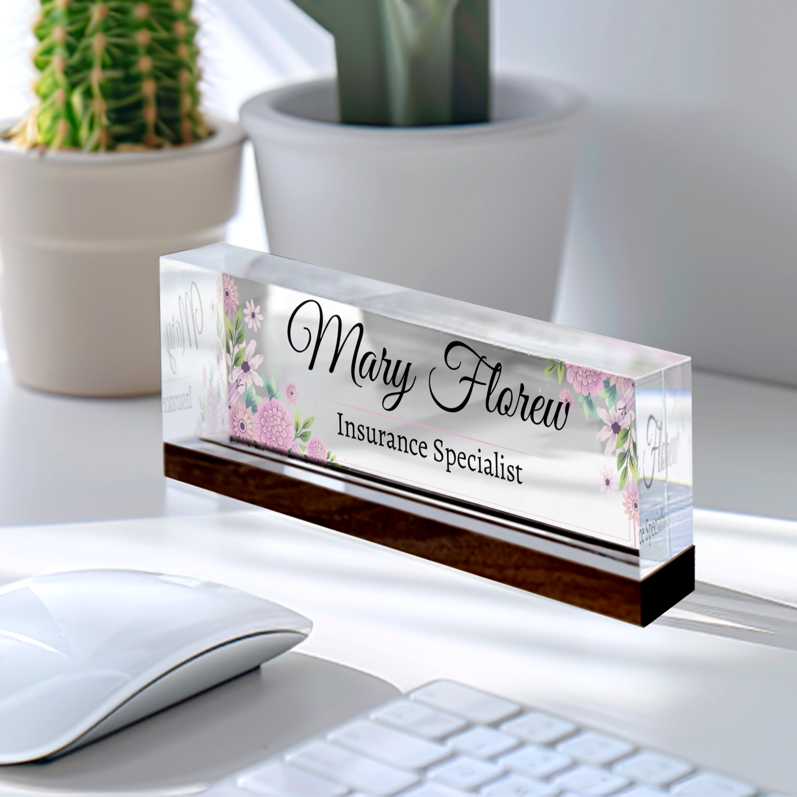 Personalized Flower Name Plate, Floral Desk Name Plate, Floral Name Plate Acrylic For Desk TD81-57 - 19Gifts