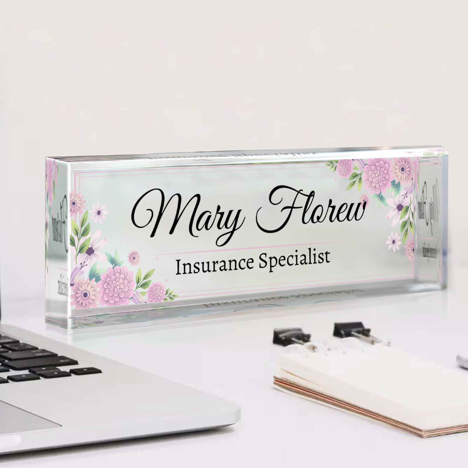 Personalized Flower Name Plate, Floral Desk Name Plate, Floral Name Plate Acrylic For Desk TD81-57 - 19Gifts