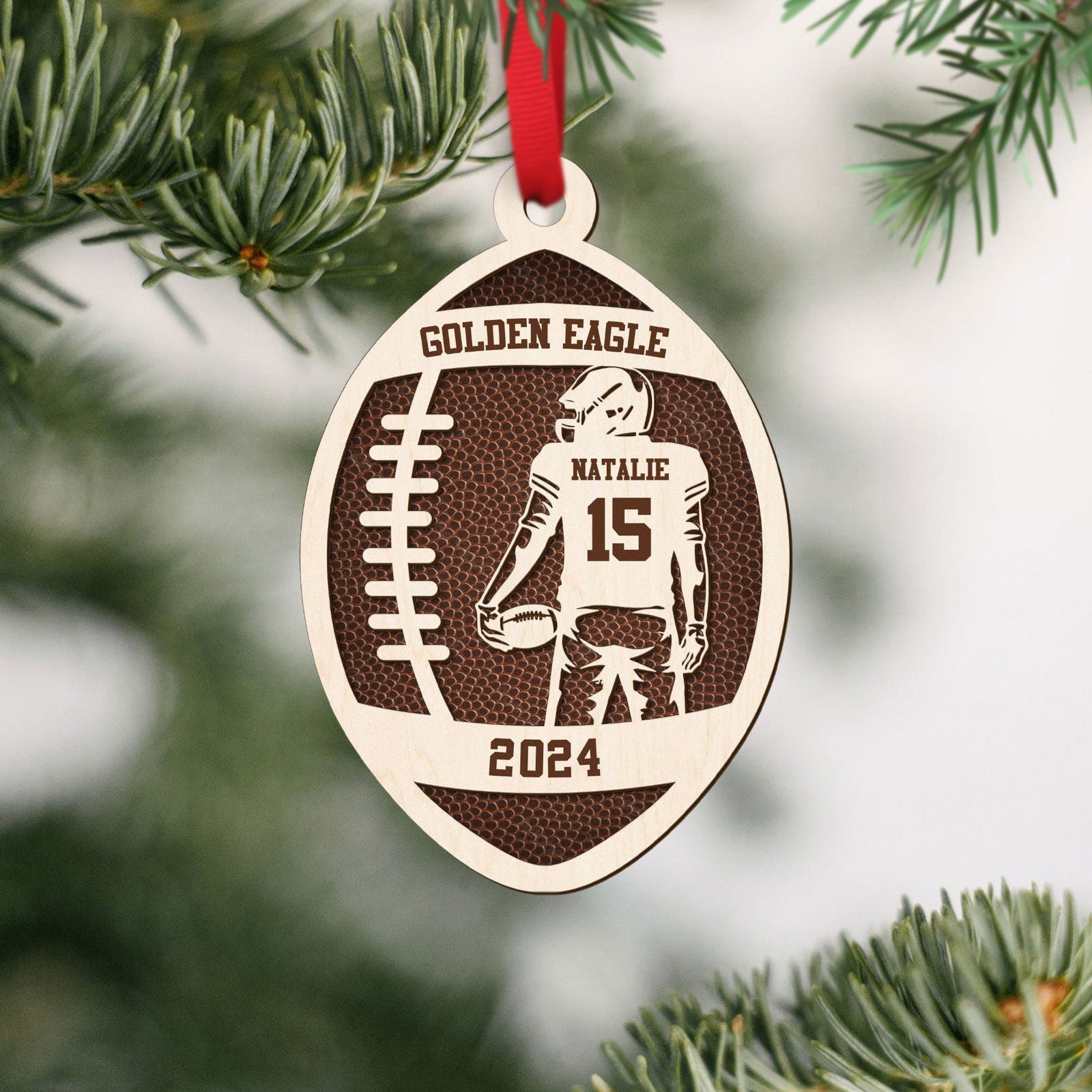 Personalized Football Ornament, 2 Layered and Engraved Wooden Ornament CF424 - 19Gifts