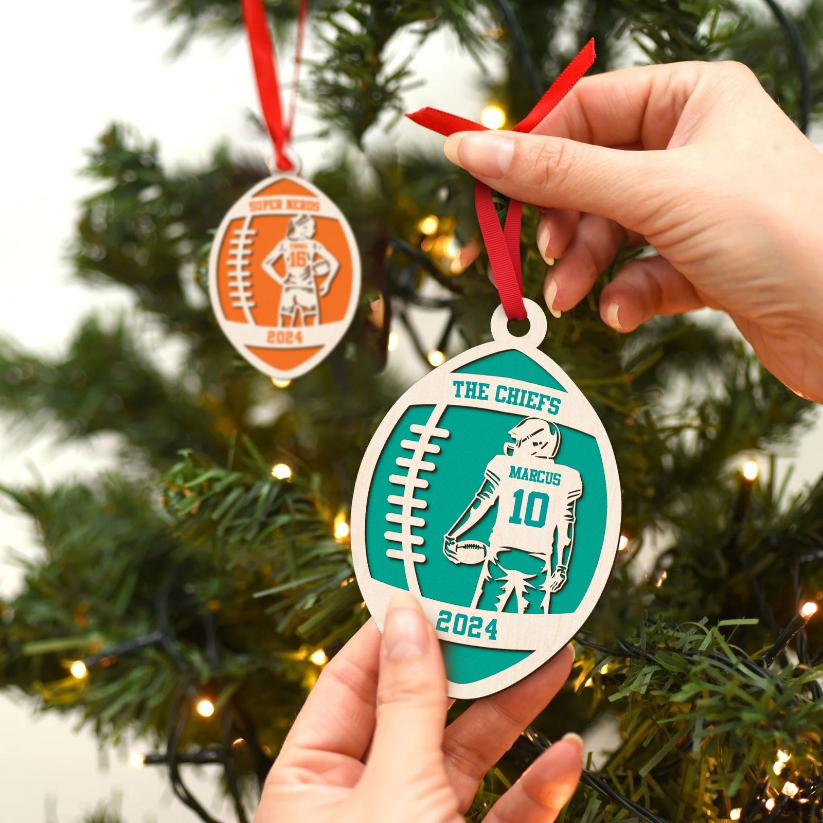 Personalized Football Ornament, 2 Layered and Engraved Wooden Ornament CF424 - 19Gifts