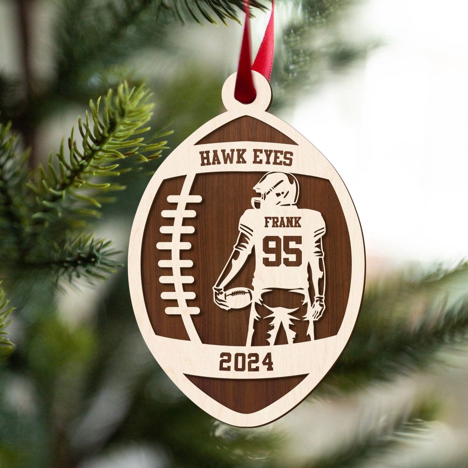 Personalized Football Ornament, 2 Layered and Engraved Wooden Ornament CF424 - 19Gifts