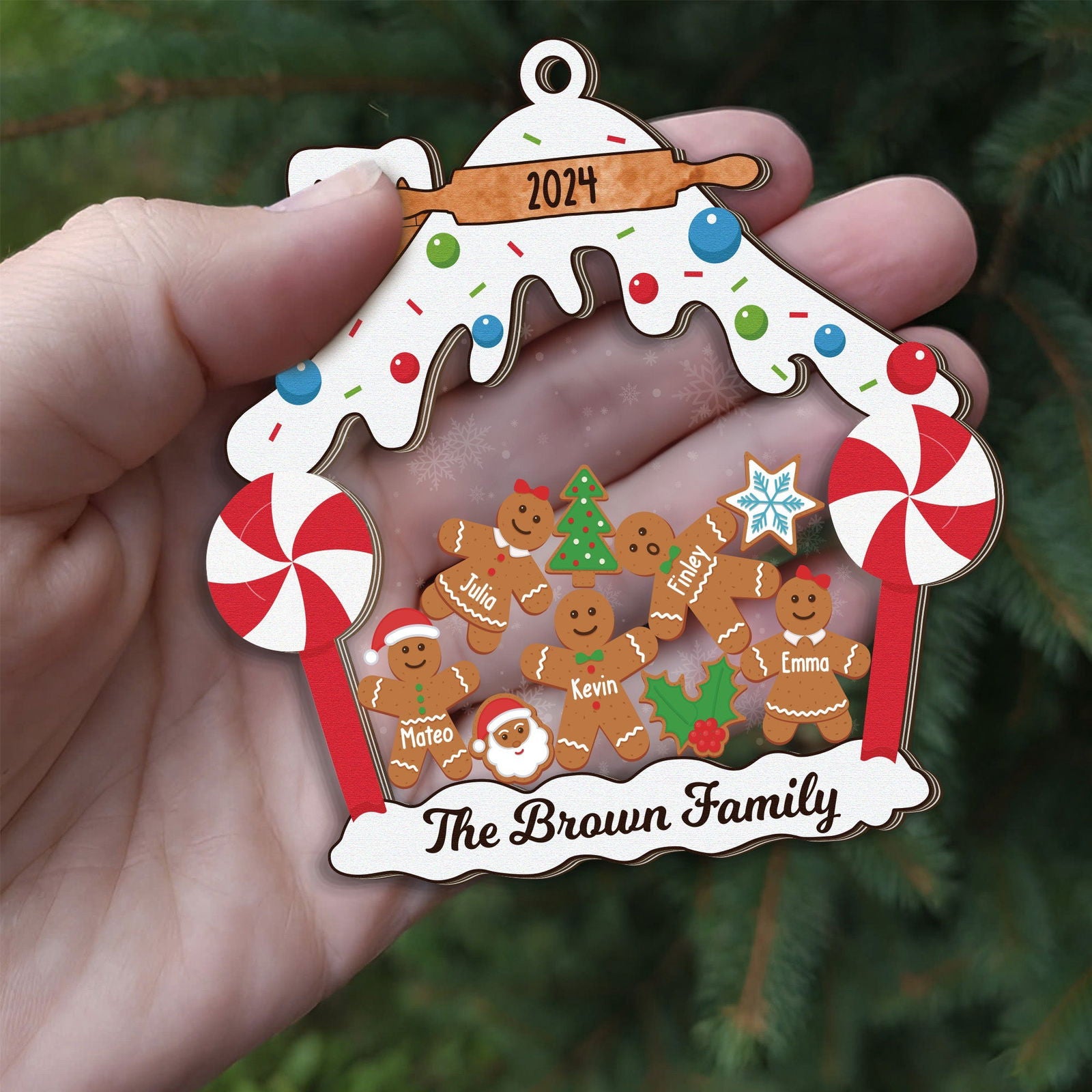 Personalized Gingerbread Family Christmas Ornament, Family 5 Layers Shaker Ornament Wood and Acrylic CF198 - 19Gifts