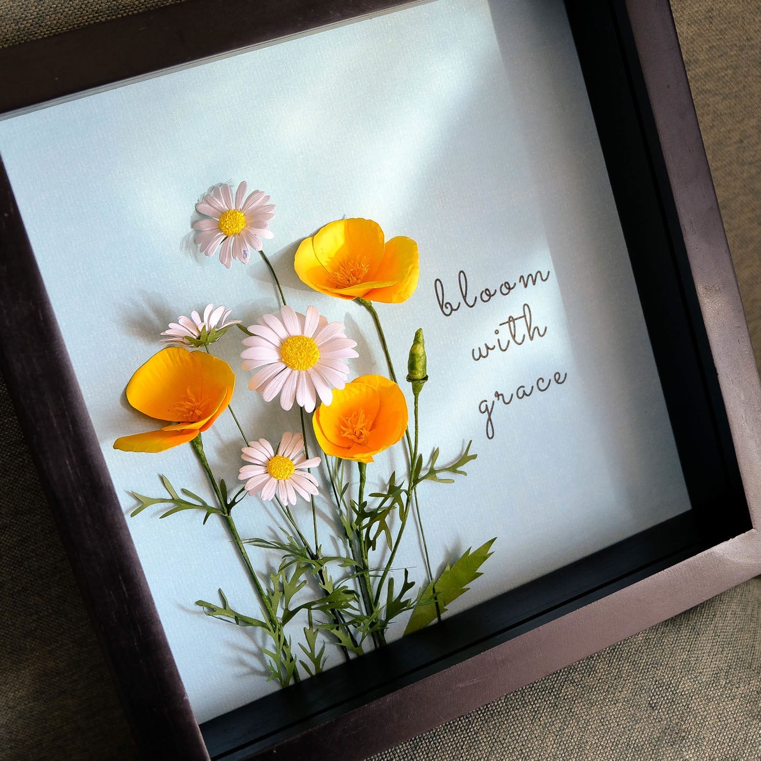 Personalized Golden Poppy Flower Frame, 3D Handcrafted Paper Flower Art - 19Gifts