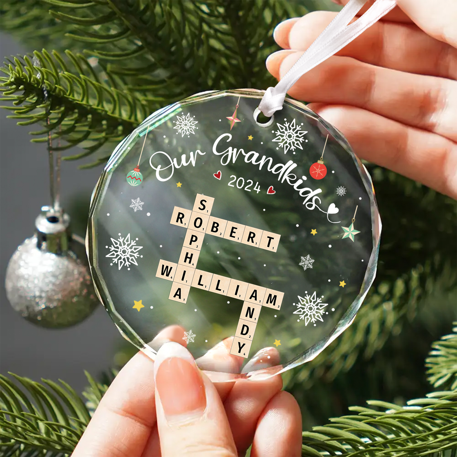 Personalized Grandkid Names Glass Ornament, Grandkids Crossword Puzzle Art Ornament, Gifts For Grandma from Grandchildren, Grandma Gifts Grandkids GX04-89 - 19Gifts