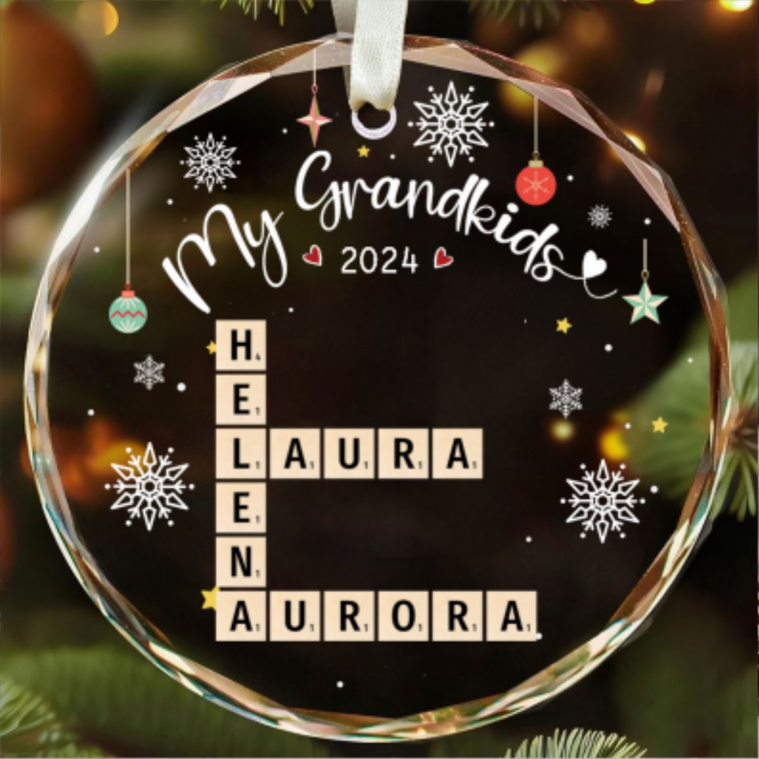 Personalized Grandkid Names Glass Ornament, Grandkids Crossword Puzzle Art Ornament, Gifts For Grandma from Grandchildren, Grandma Gifts Grandkids GX04-89 - 19Gifts