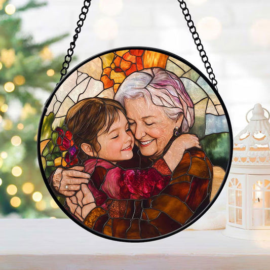 Personalized Grandma And Grandkids Portrait Faux Stained Glass, Custom Photo Family Window Hanging Ornament SC120 - 19Gifts