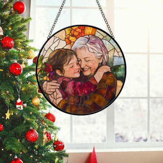Personalized Grandma And Grandkids Portrait Faux Stained Glass, Custom Photo Family Window Hanging Ornament SC120 - 19Gifts