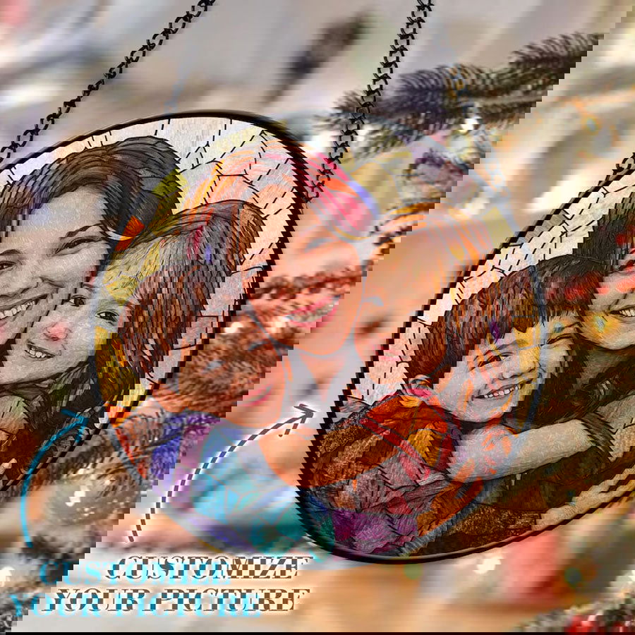 Personalized Grandma And Grandkids Portrait Faux Stained Glass, Custom Photo Family Window Hanging Ornament SC120 - 19Gifts