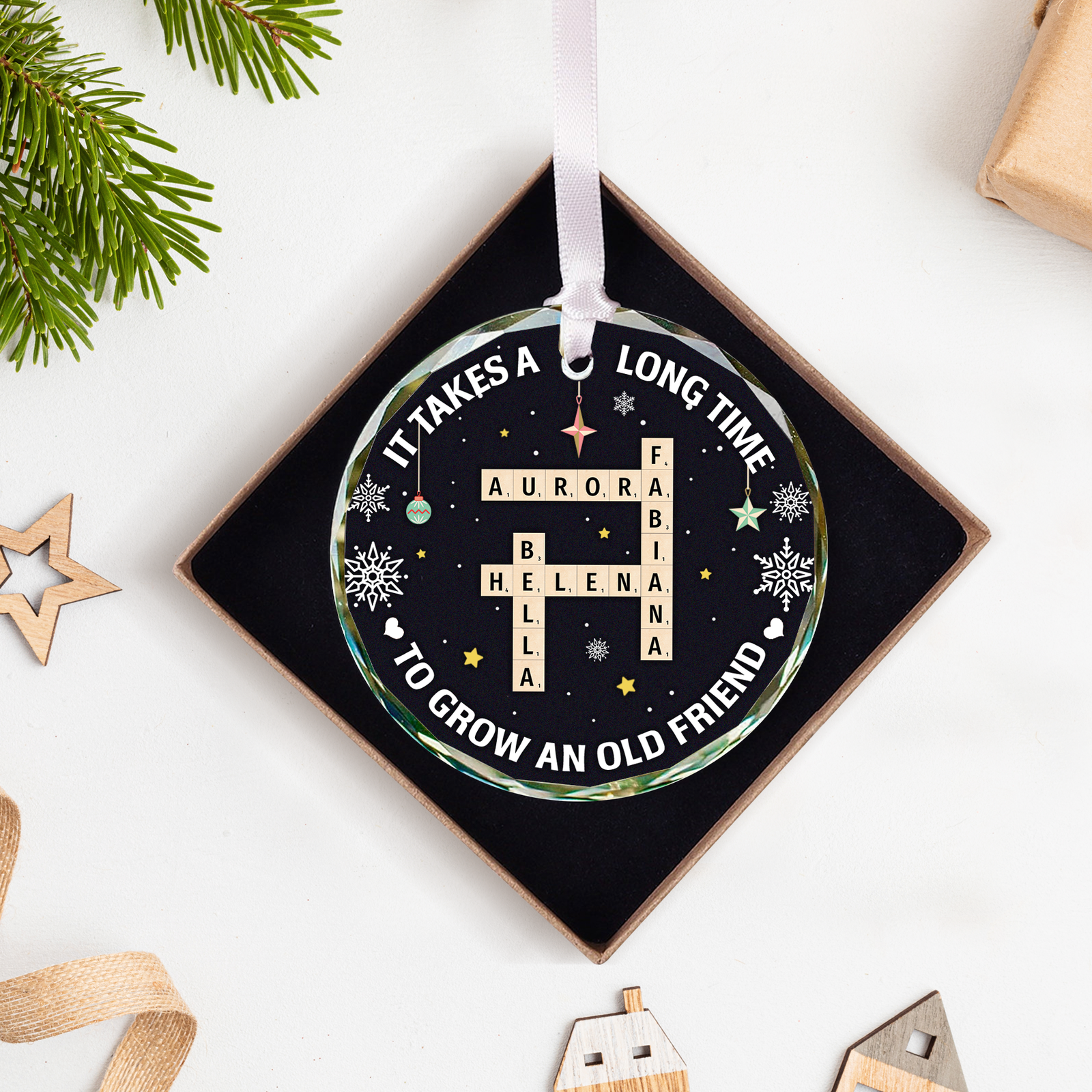 Personalized It Takes A Long Time To Grow An Old Friend Glass Ornament, Bestie Crossword Puzzle Art Ornament, Friendship Gift For Her, Christmas Gift For BFF GX04-88 - 19Gifts