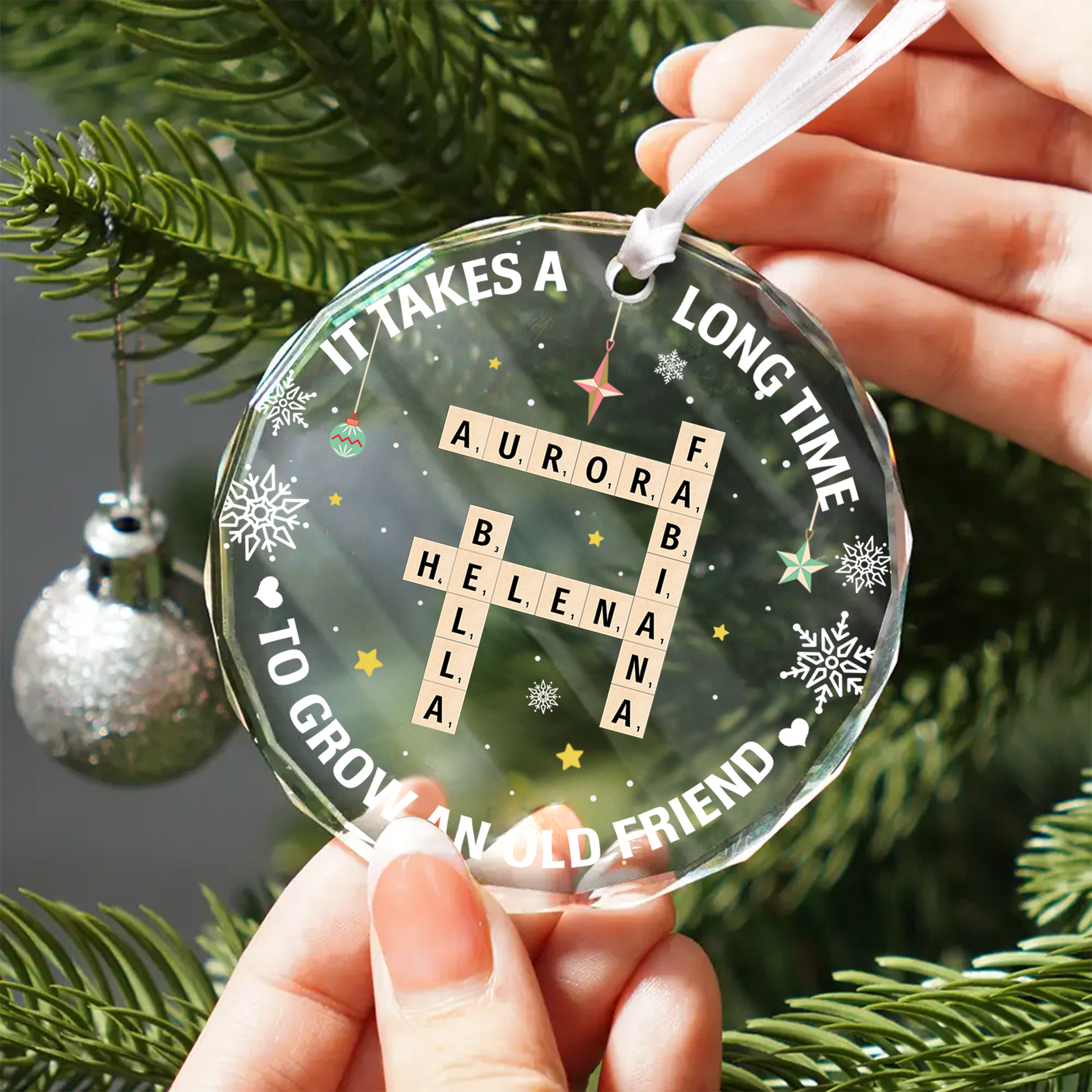 Personalized It Takes A Long Time To Grow An Old Friend Glass Ornament, Bestie Crossword Puzzle Art Ornament, Friendship Gift For Her, Christmas Gift For BFF GX04-88 - 19Gifts