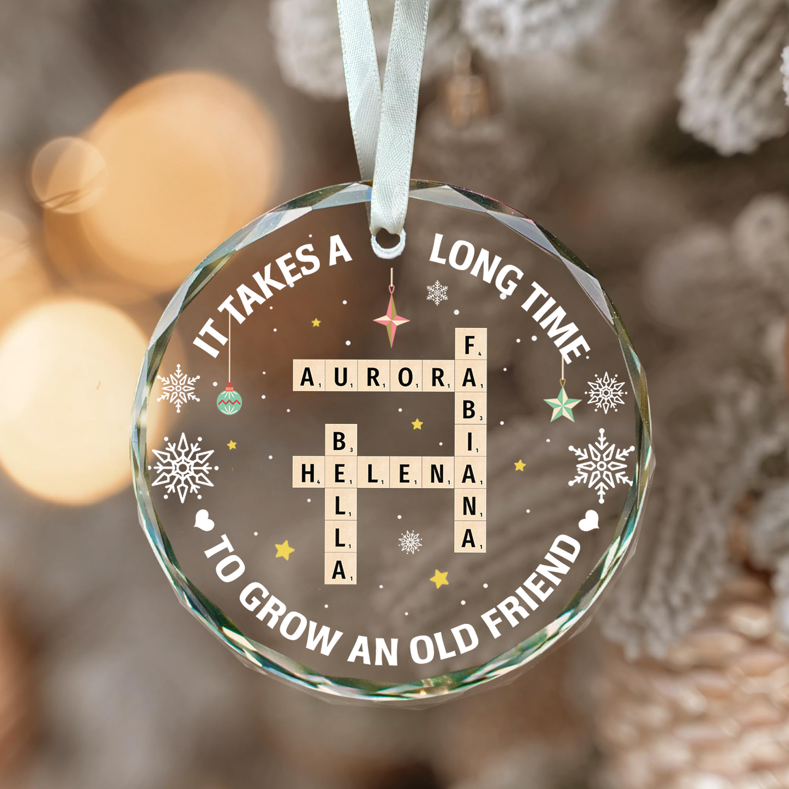 Personalized It Takes A Long Time To Grow An Old Friend Glass Ornament, Bestie Crossword Puzzle Art Ornament, Friendship Gift For Her, Christmas Gift For BFF GX04-88 - 19Gifts