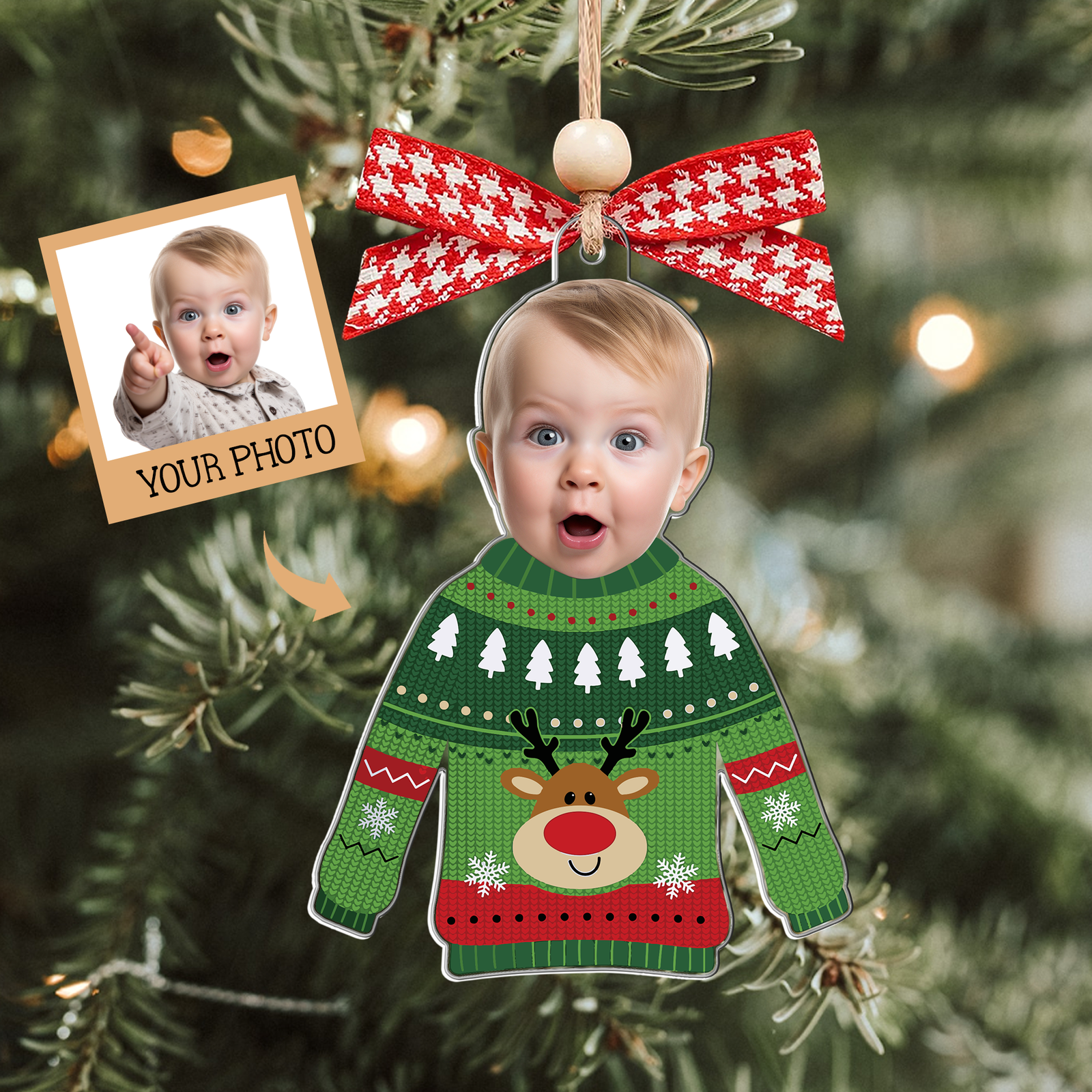 Personalized Kid's Face Christmas Ornament, Custom Photo Funny Kid In Christmas Ugly Sweater, Baby Photo Ornament CF651 - 19Gifts