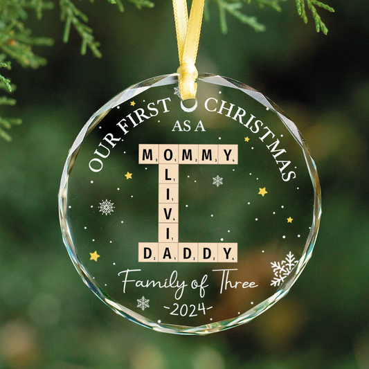 Personalized Our First Christmas As A Family Of Three Glass Ornament 2024, Family Of Three  Crossword Puzzle Art Ornament, New Parents Gift GX04-86 - 19Gifts