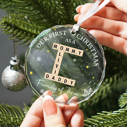 Personalized Our First Christmas As A Family Of Three Glass Ornament 2024, Family Of Three  Crossword Puzzle Art Ornament, New Parents Gift GX04-86 - 19Gifts