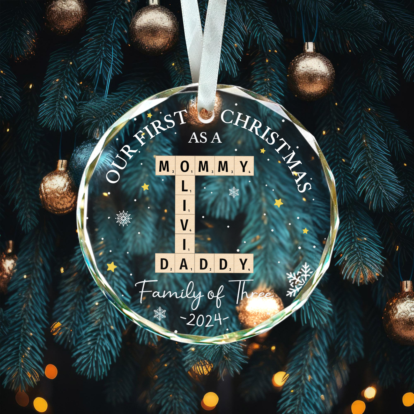 Personalized Our First Christmas As A Family Of Three Glass Ornament 2024, Family Of Three  Crossword Puzzle Art Ornament, New Parents Gift GX04-86 - 19Gifts