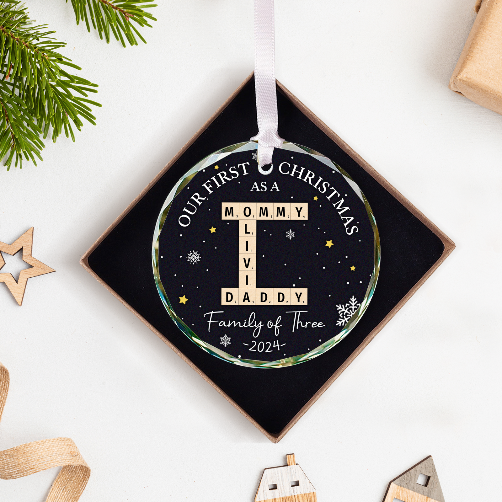Personalized Our First Christmas As A Family Of Three Glass Ornament 2024, Family Of Three  Crossword Puzzle Art Ornament, New Parents Gift GX04-86 - 19Gifts