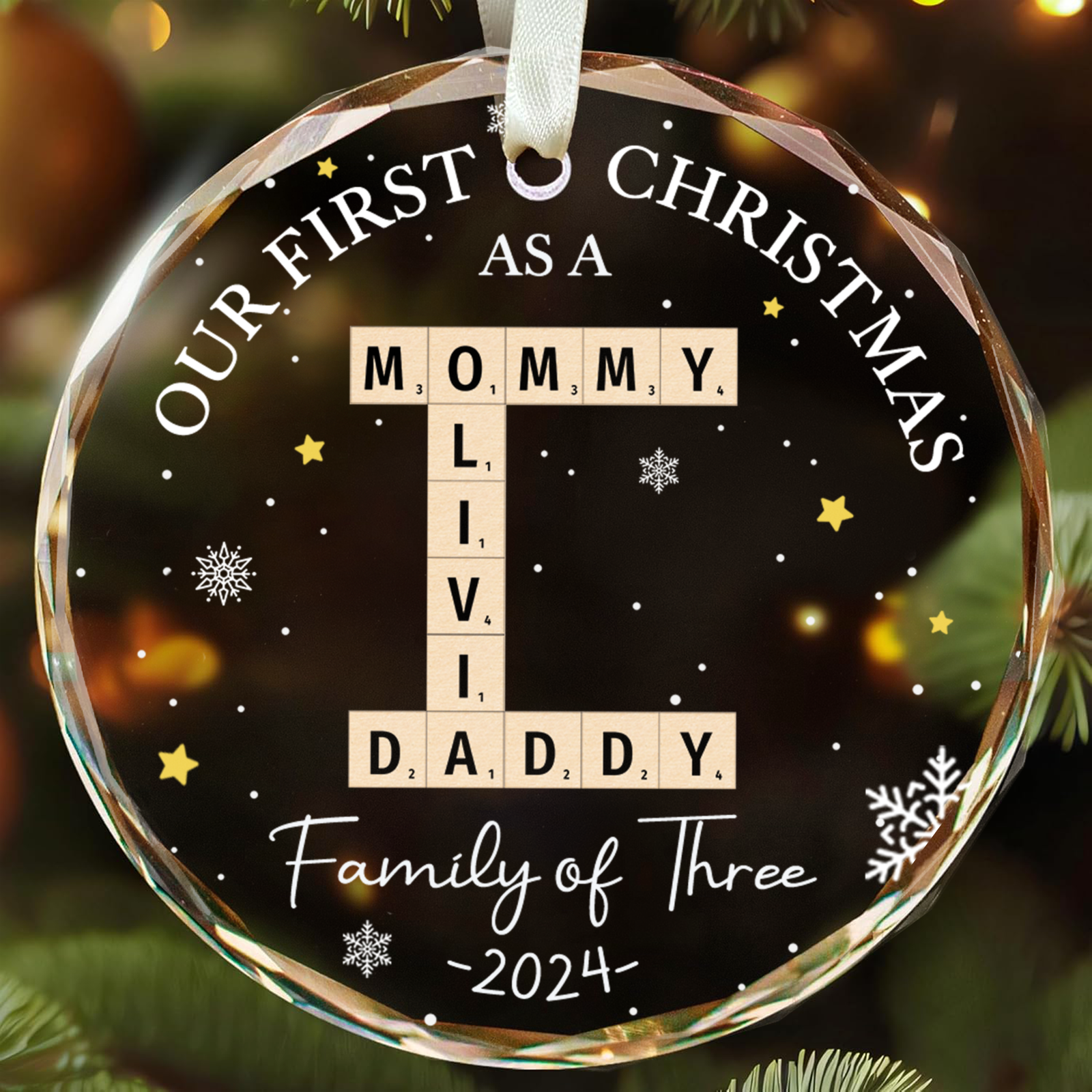 Personalized Our First Christmas As A Family Of Three Glass Ornament 2024, Family Of Three  Crossword Puzzle Art Ornament, New Parents Gift GX04-86 - 19Gifts