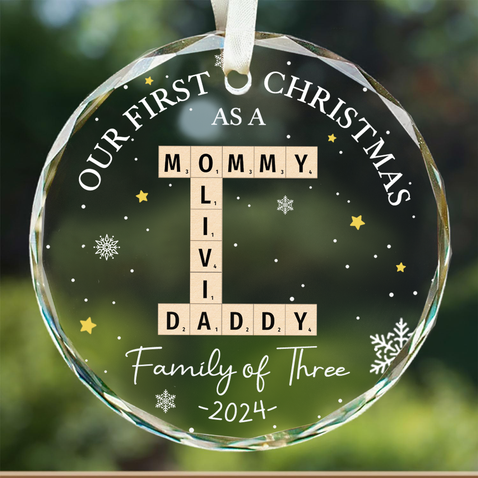 Personalized Our First Christmas As A Family Of Three Glass Ornament 2024, Family Of Three  Crossword Puzzle Art Ornament, New Parents Gift GX04-86 - 19Gifts