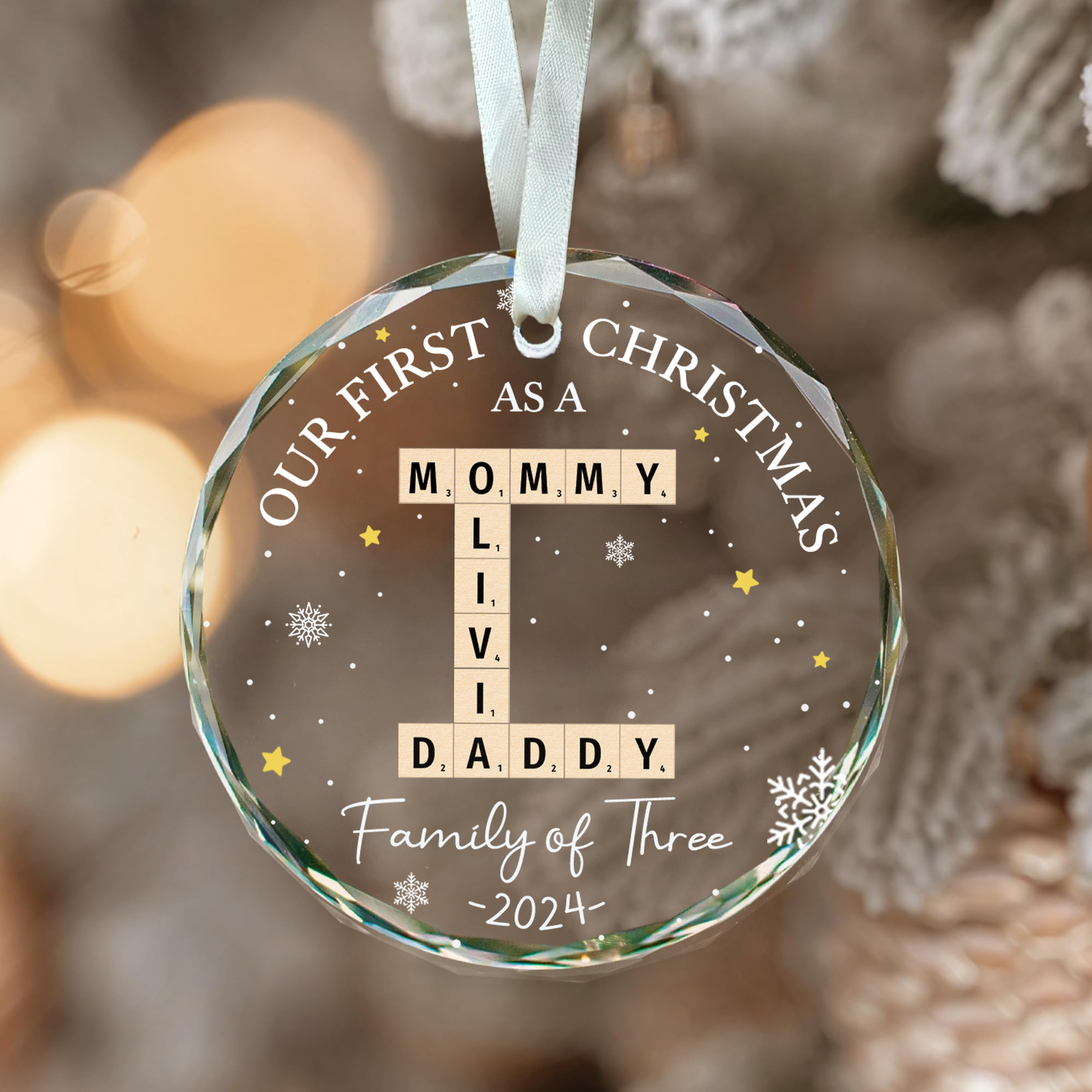 Personalized Our First Christmas As A Family Of Three Glass Ornament 2024, Family Of Three  Crossword Puzzle Art Ornament, New Parents Gift GX04-86 - 19Gifts