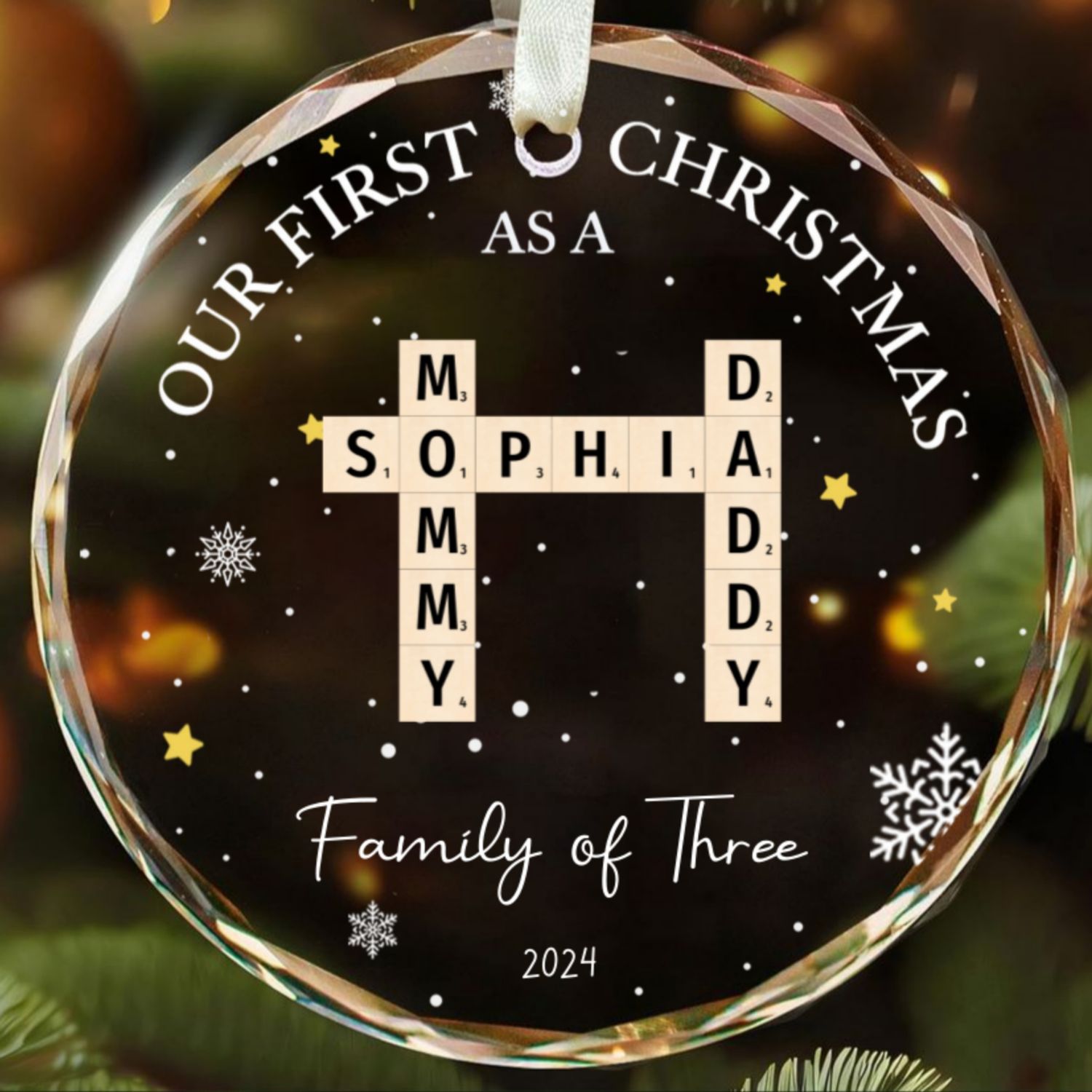 Personalized Our First Christmas As A Family Of Three Glass Ornament 2024, Family Of Three  Crossword Puzzle Art Ornament, New Parents Gift GX04-86 - 19Gifts