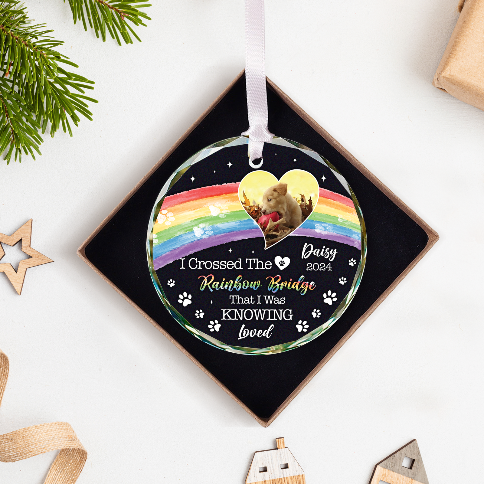 Personalized Pet Memorial Circle Glass Ornament - I Crossed The Rainbow Bridge Memorial Gift GX04 Style 13 - 19Gifts