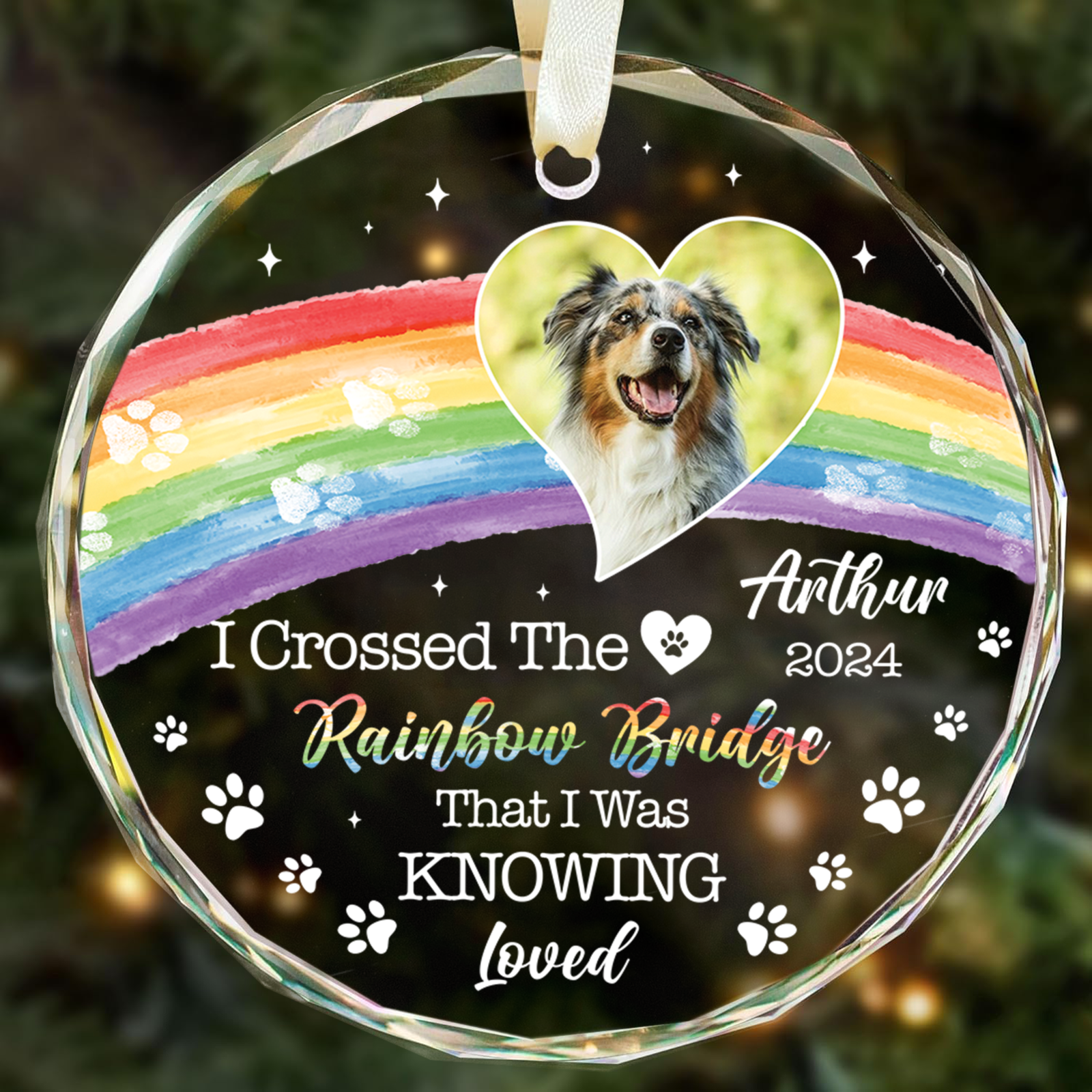 Personalized Pet Memorial Circle Glass Ornament - I Crossed The Rainbow Bridge Memorial Gift GX04 Style 13 - 19Gifts