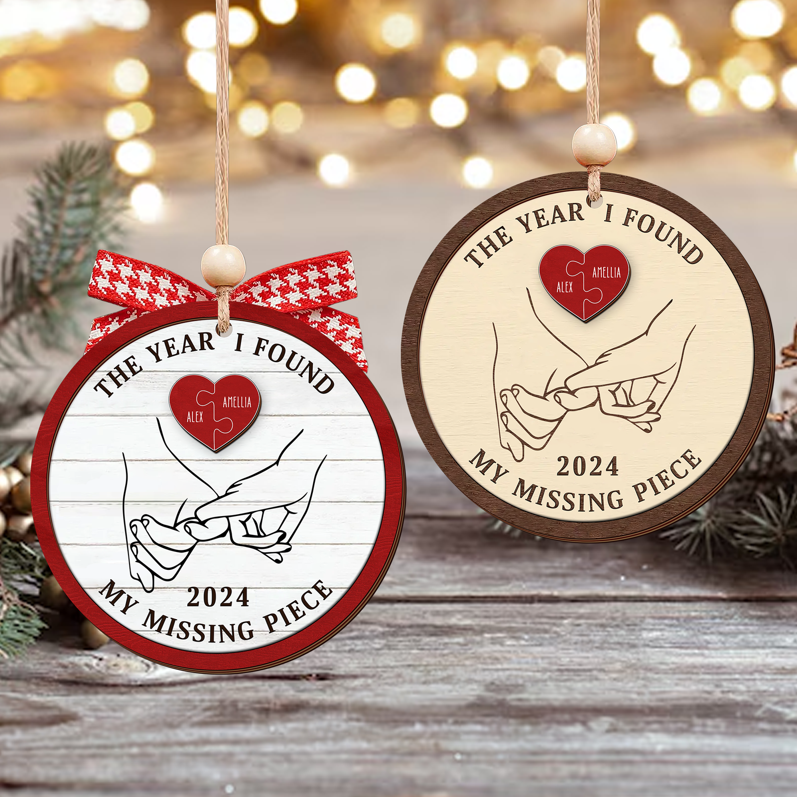 Personalized The Year I Found My Missing Piece 2D Wooden Ornament, Couples Hand 2-Layered Ornament, Heart Puzzle Christmas Ornament 2024, Couples Gift, Christmas Gift For Him Her CF524 - 19Gifts