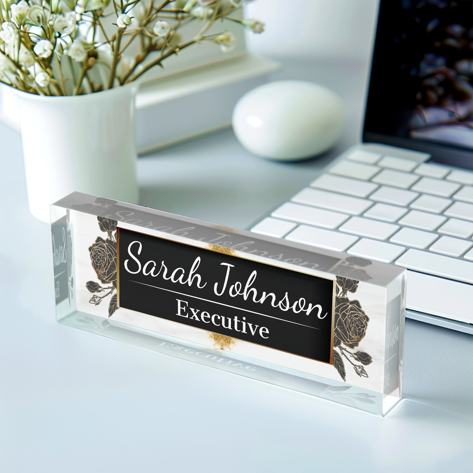 Plate Acrylic For Desk, Floral Desk Name Plate, Custom Flower Name Plate TD81-46 - 19Gifts