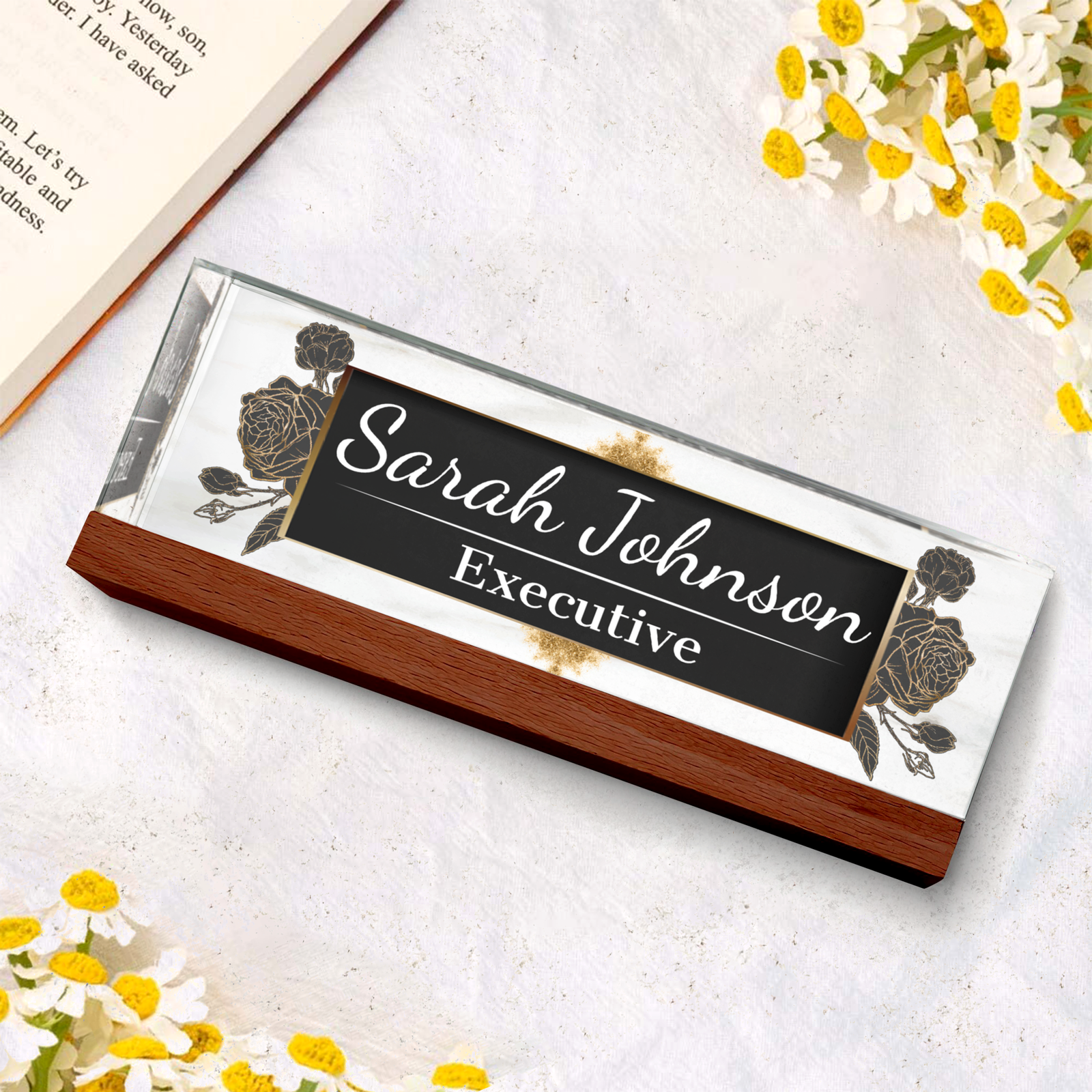 Plate Acrylic For Desk, Floral Desk Name Plate, Custom Flower Name Plate TD81-46 - 19Gifts