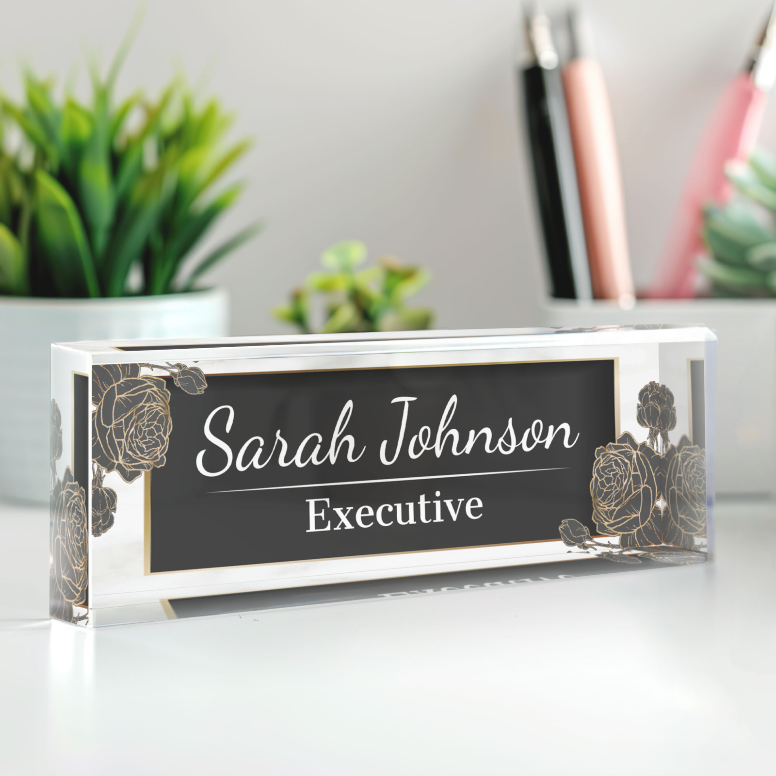 Plate Acrylic For Desk, Floral Desk Name Plate, Custom Flower Name Plate TD81-46 - 19Gifts