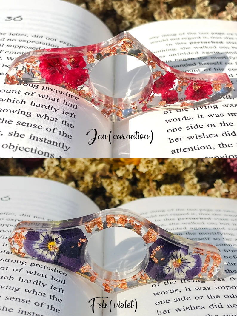 Real Birth Flower Book Page Holder, Floral Resin Thumb Page Holder - 19Gifts
