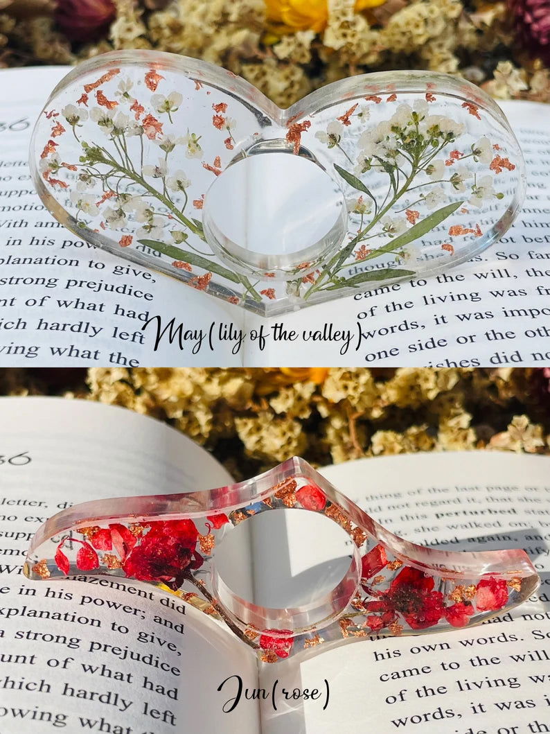 Real Birth Flower Book Page Holder, Floral Resin Thumb Page Holder - 19Gifts
