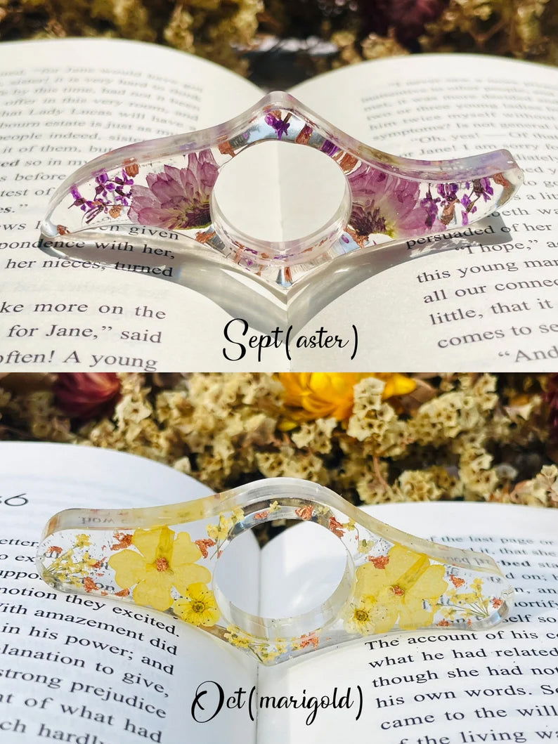 Real Birth Flower Book Page Holder, Floral Resin Thumb Page Holder - 19Gifts