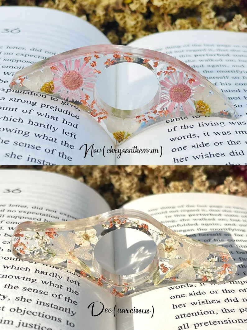 Real Birth Flower Book Page Holder, Floral Resin Thumb Page Holder - 19Gifts